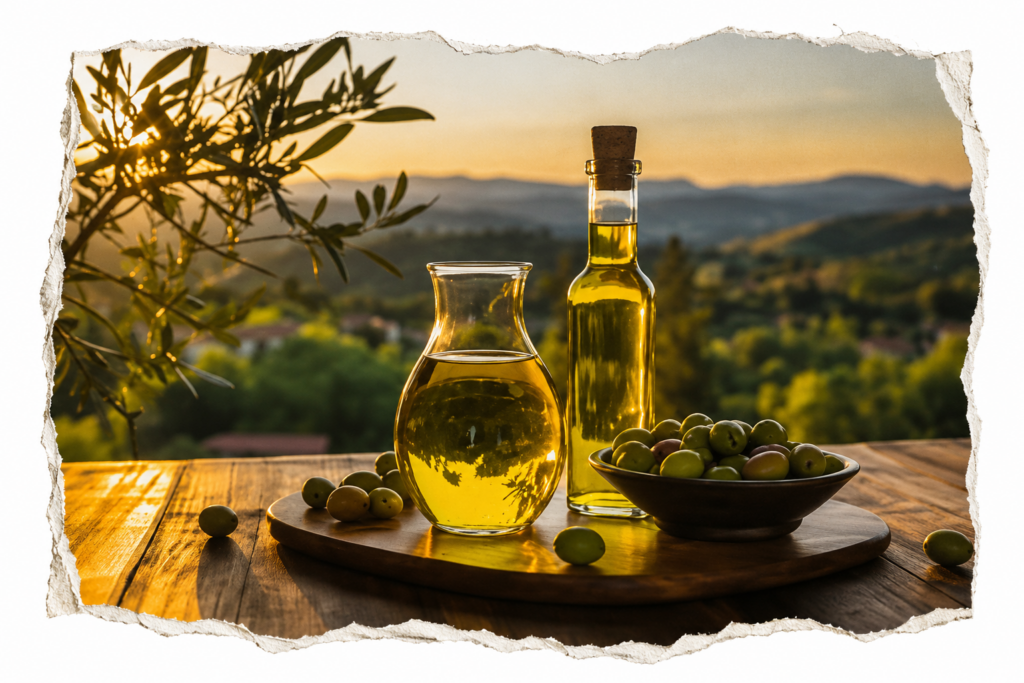 Aceite de oliva virgen extra servido en una cocina mediterránea