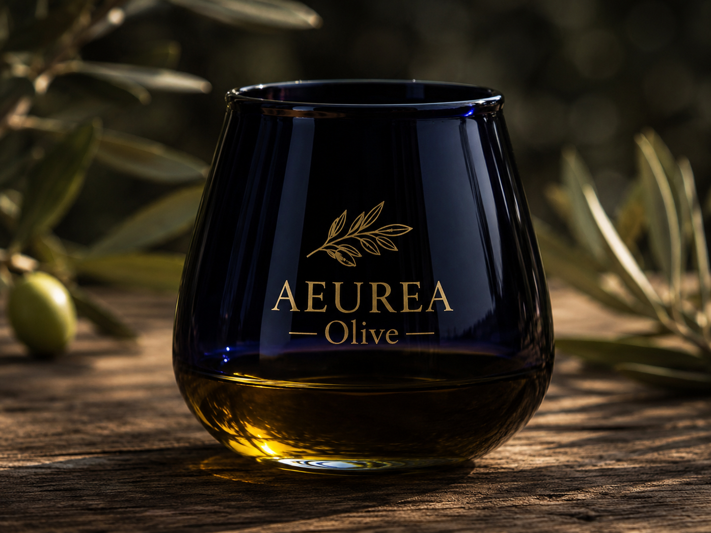 Copa de cata con aceite de oliva entre ramas de olivo