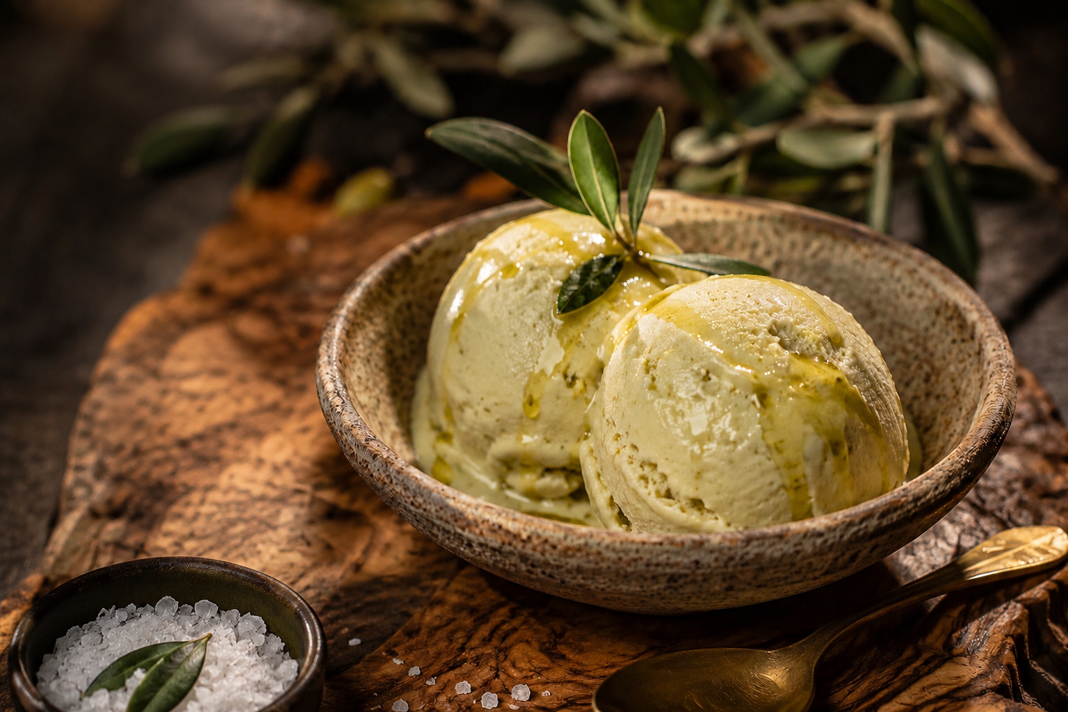 Helado servido con aceite de oliva y hojas de olivo